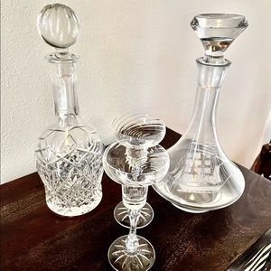 Waterford decanter, decanter and candlestick holders bundle all nwot